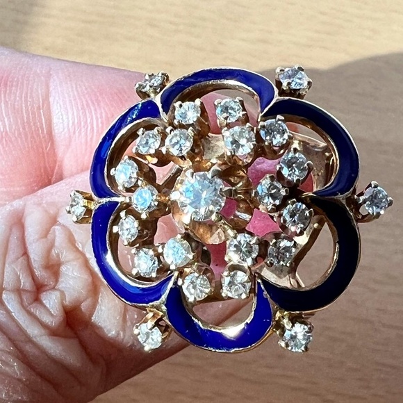 VINTAGE 14K YELLOW GOLD DIAMOND COBALT BLUE ENAMEL RING STATEMENT CUSTOM MADE - Picture 8 of 16